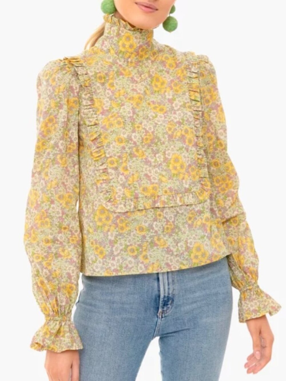 Meadows Yellow Ditsy Floral Joplin Ruffle Lupin Top High Neck Long Sleeve